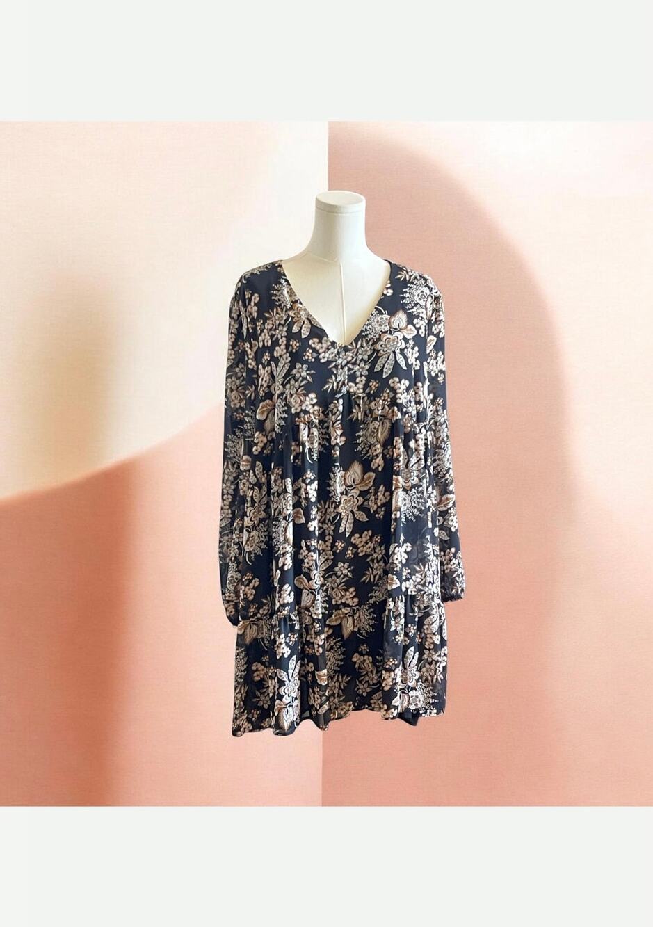 Melloday Black Floral Long Sleeve Tiered Mini Dress, Size 1X